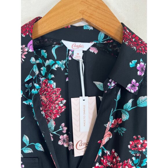 NWT Candies Women's Size M Black Floral Blouse Tab Sleeves Lace Shoulder Insert - Picture 6 of 11